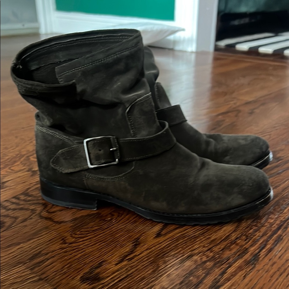 Dark Olive Suede Buckle Ankle Boots